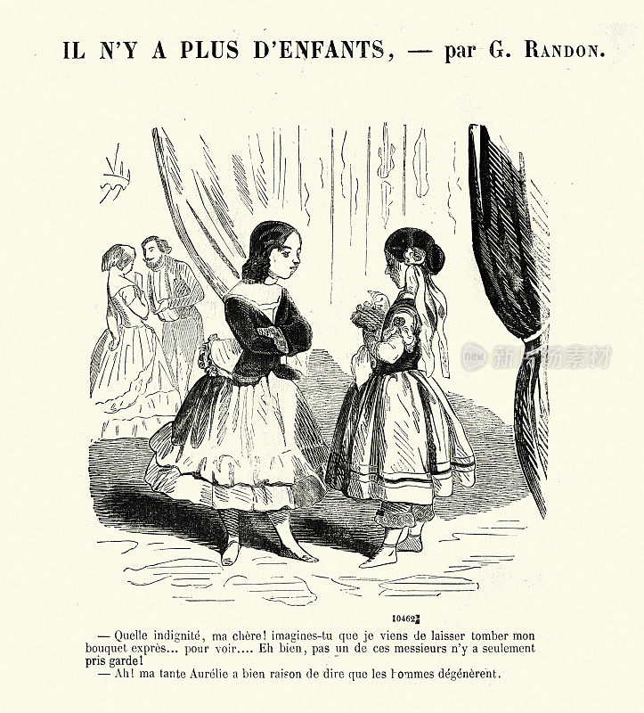 Vintage French cartoon two young girls talking, Il ?'y a plus d'enfants, Victorian 1860s